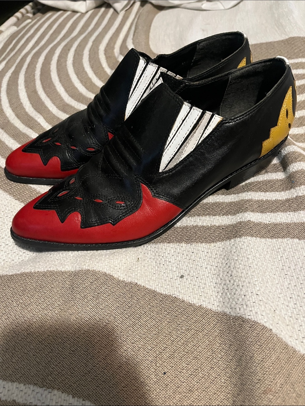 Black and Red Women's Slip-On Flats with White and Yellow Details